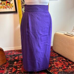 Vintage 70s 80s Purple Wool-Blend Midi Skirt High Waist, Pockets, Button Detail